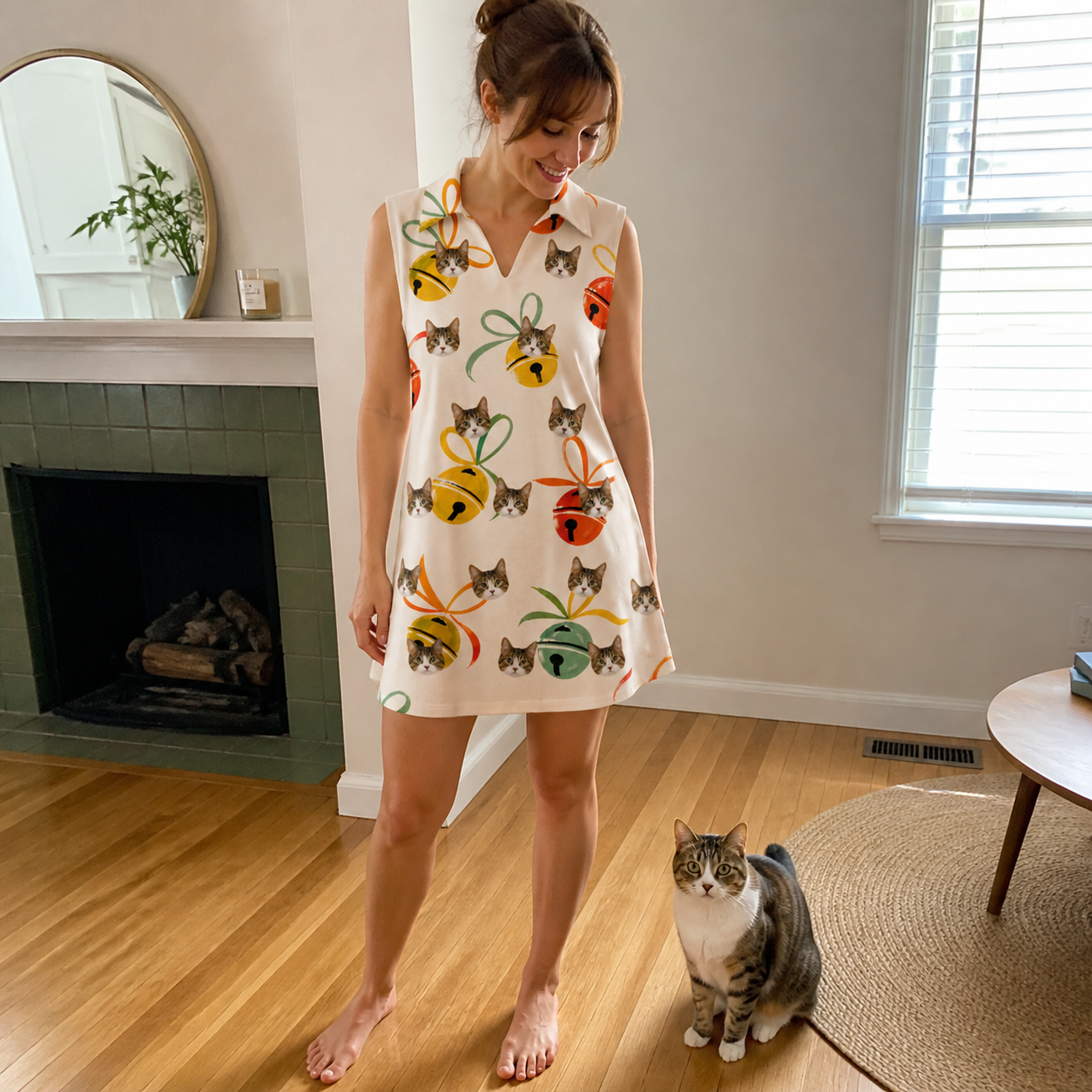 Full-length photo with the pet printed all over this Women's Sleigh Bells Custom Cat Face V-Neck Dress