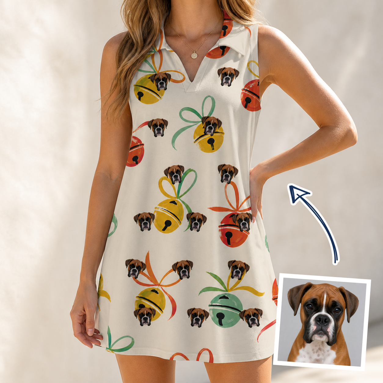 Woman wearing Women's Sleigh Bells Custom Dog Face V-Neck Dress — custom faces printed all-over