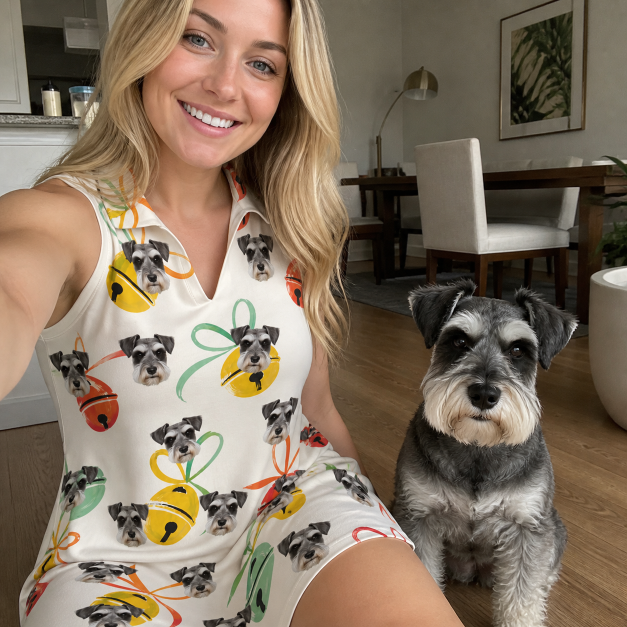 Selfie with the pet whose face is printed all over this Women's Sleigh Bells Custom Dog Face V-Neck Dress