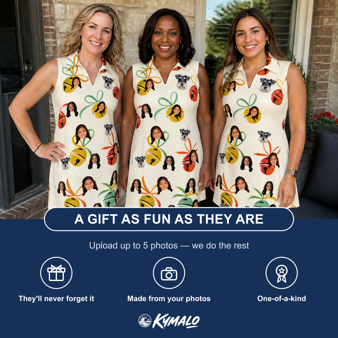 Friends in matching Women's Sleigh Bells Custom Face V-Neck Dress — a group gift photo