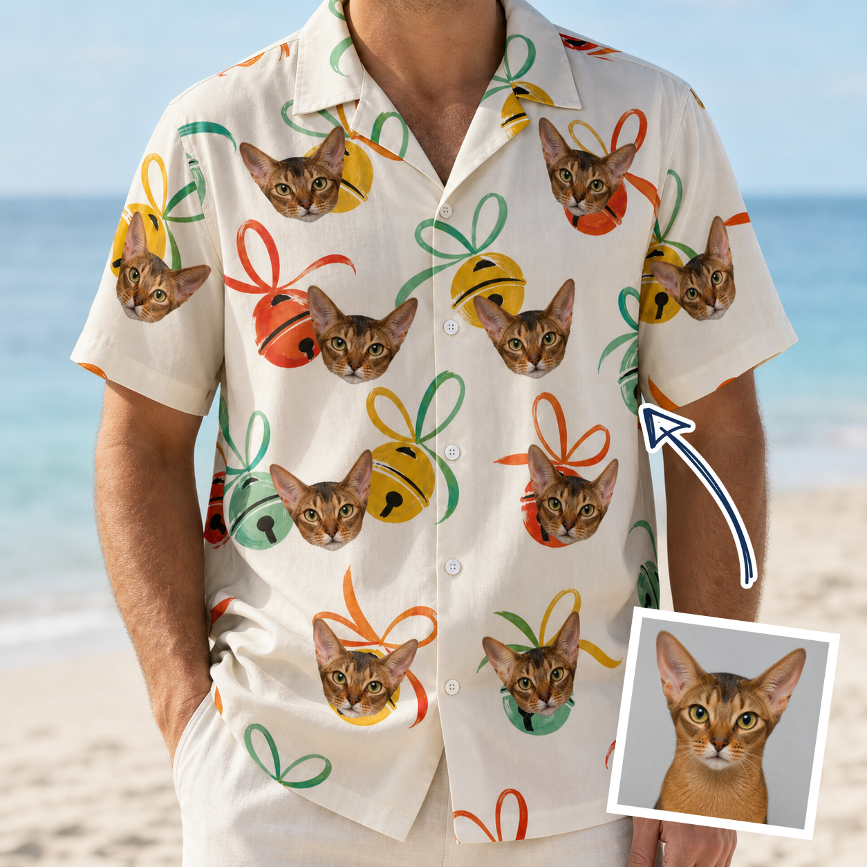 Man wearing Men's Sleigh Bells Custom Cat Face Hawaiian Shirt — custom faces printed all-over