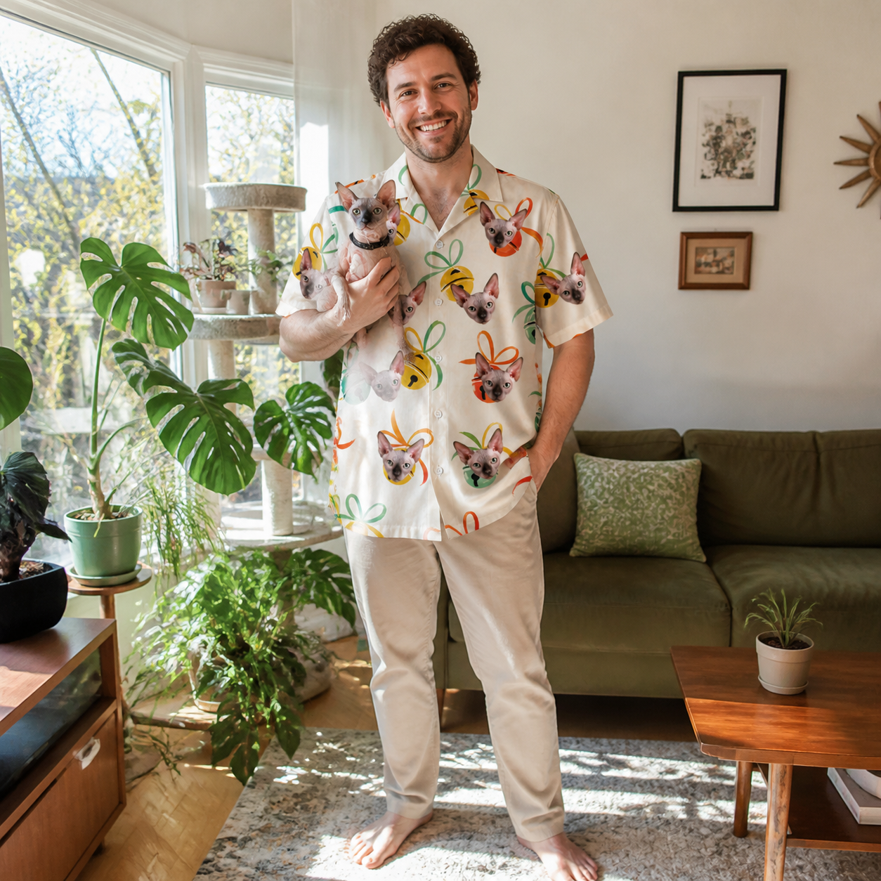 Full-length photo with the pet printed all over this Men's Sleigh Bells Custom Cat Face Hawaiian Shirt