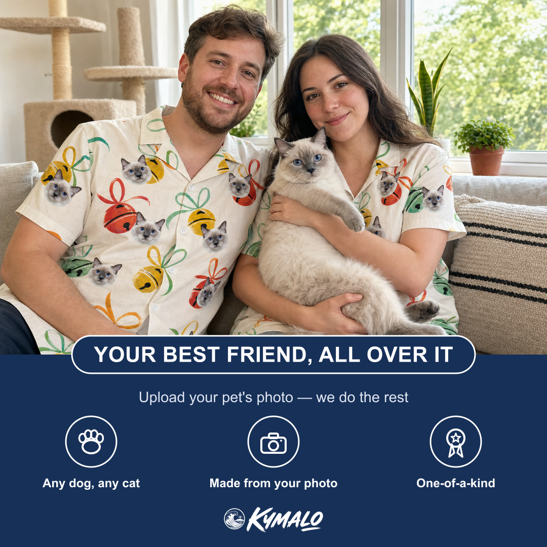 Friends in matching Men's Sleigh Bells Custom Cat Face Hawaiian Shirt — a group gift photo