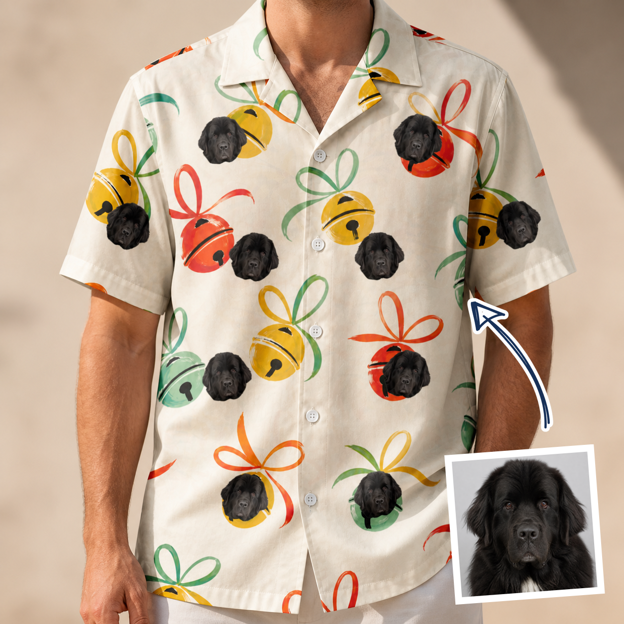 Man wearing Men's Sleigh Bells Custom Dog Face Hawaiian Shirt — custom faces printed all-over