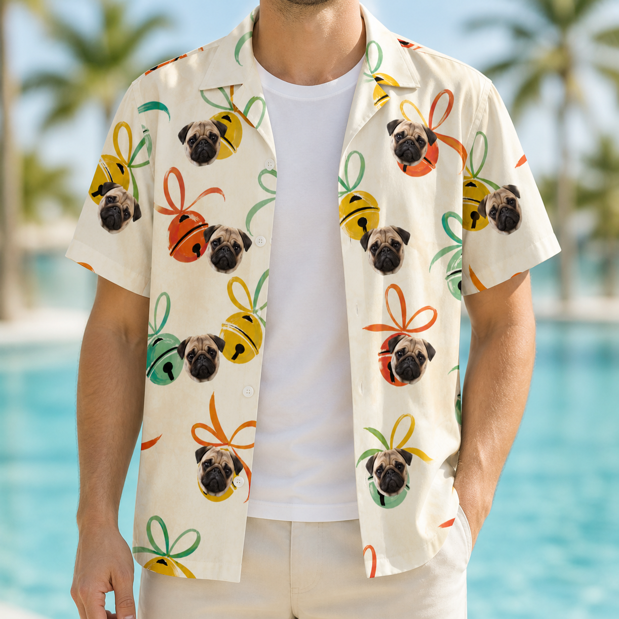 Man wearing Men's Sleigh Bells Custom Dog Face Hawaiian Shirt open over a white tee