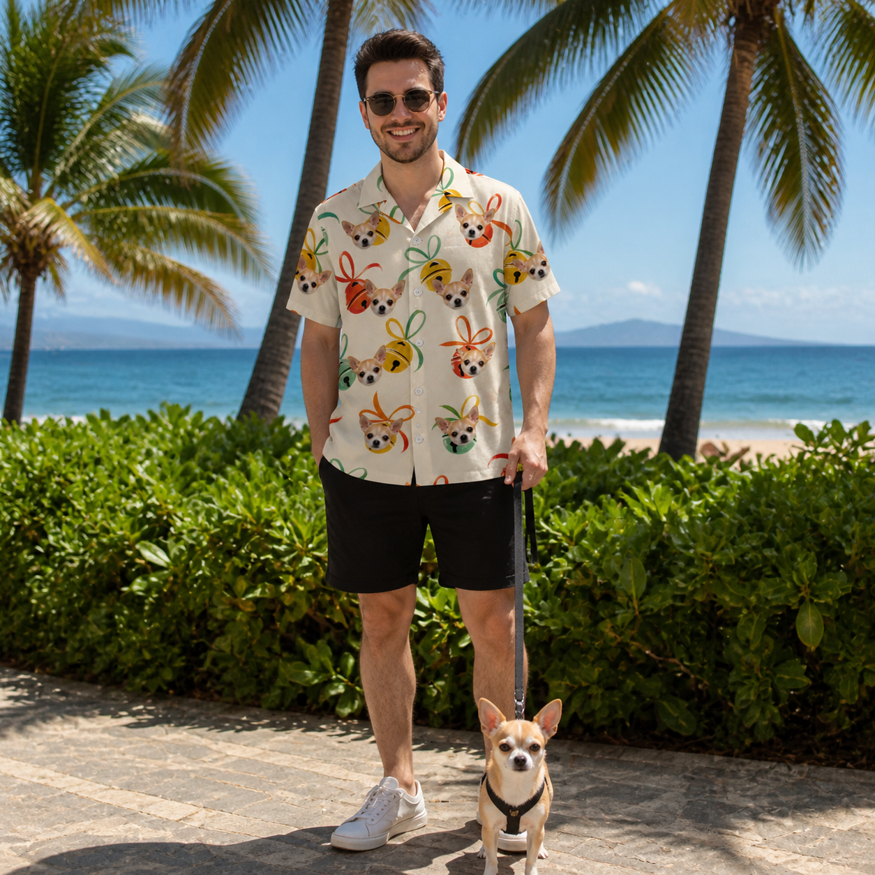Full-length photo with the pet printed all over this Men's Sleigh Bells Custom Dog Face Hawaiian Shirt