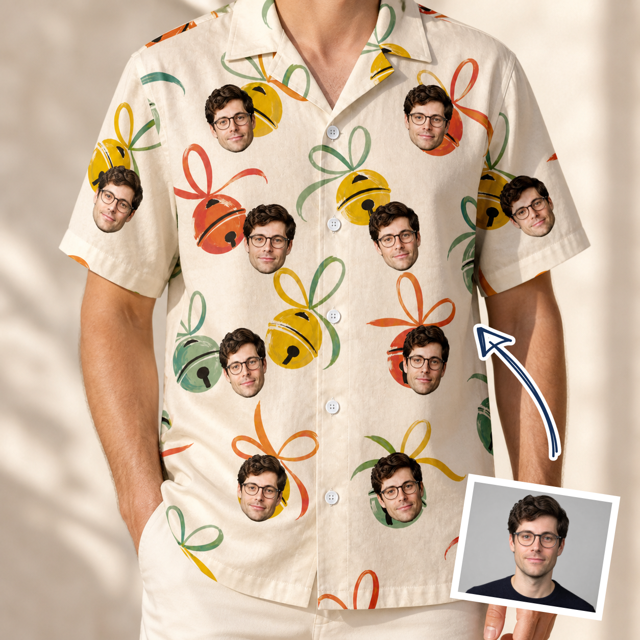 Man wearing Men's Sleigh Bells Custom Face Hawaiian Shirt — custom faces printed all-over