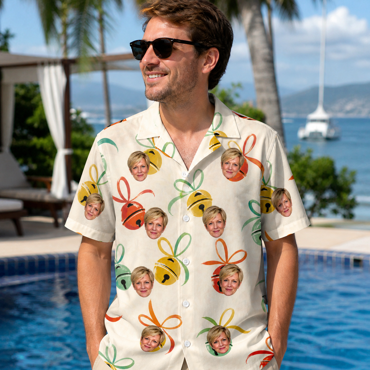 Real-life photo of someone wearing Men's Sleigh Bells Custom Face Hawaiian Shirt — custom faces printed all-over