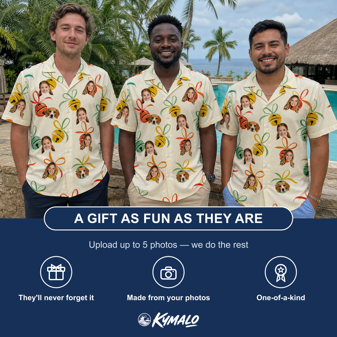 Friends in matching Men's Sleigh Bells Custom Face Hawaiian Shirt — a group gift photo