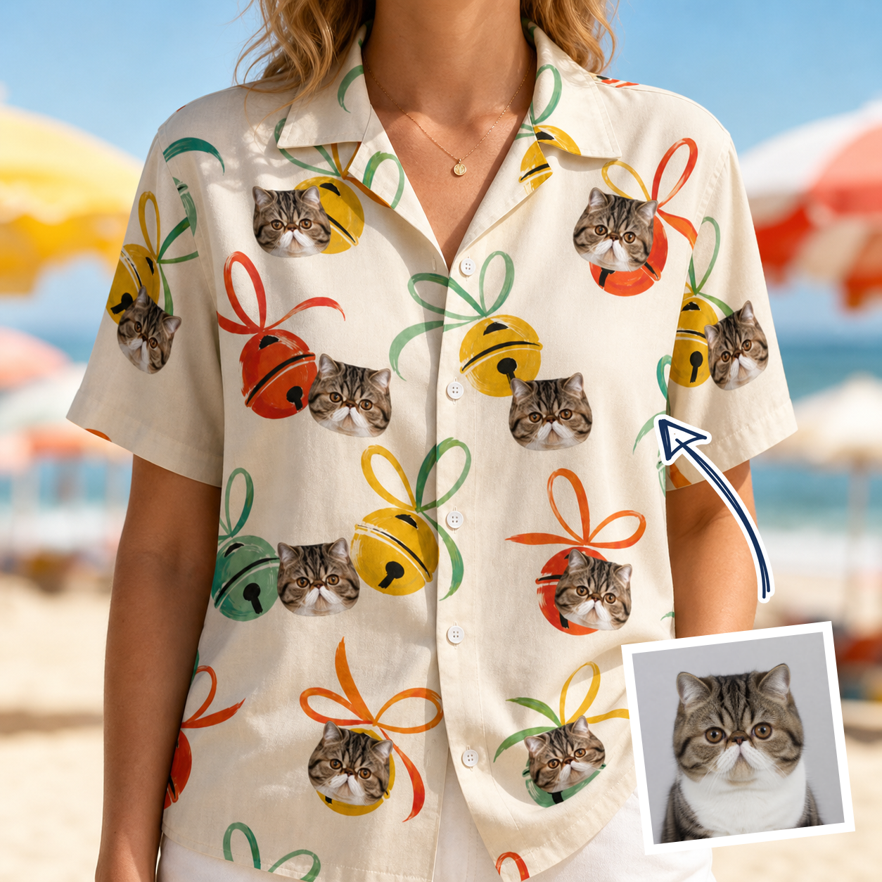 Woman wearing Women's Sleigh Bells Custom Cat Face Hawaiian Shirt — custom faces printed all-over