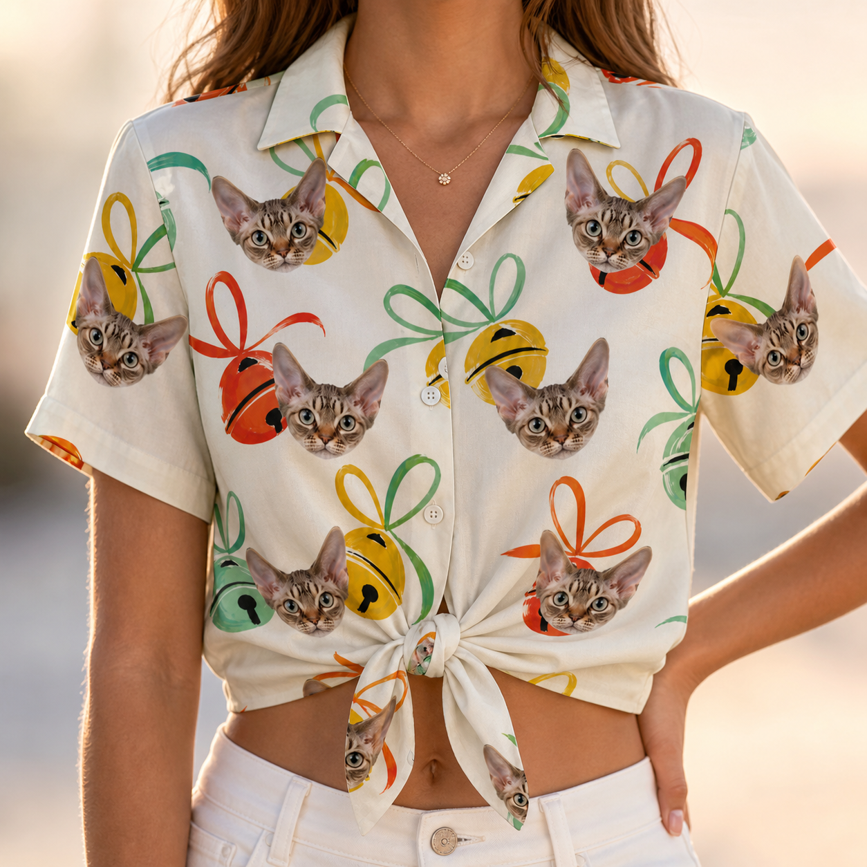 Woman wearing Women's Sleigh Bells Custom Cat Face Hawaiian Shirt tied at the waist