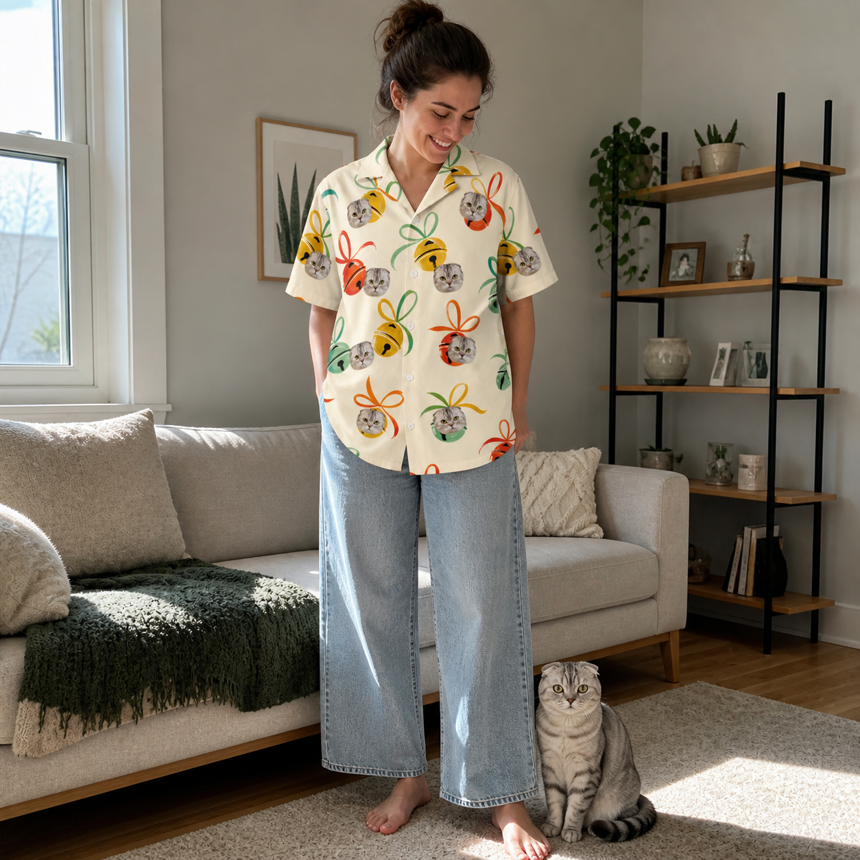 Full-length photo with the pet printed all over this Women's Sleigh Bells Custom Cat Face Hawaiian Shirt