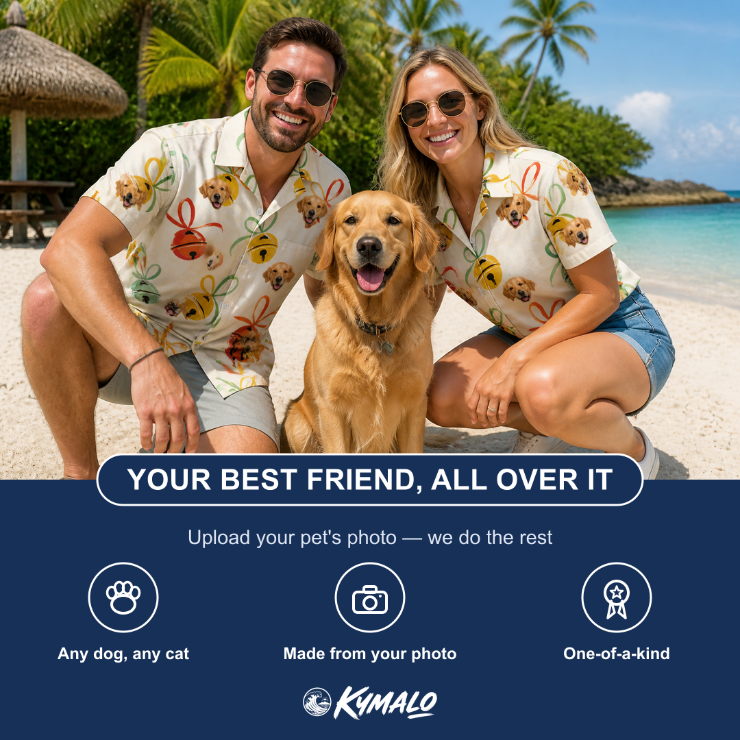 Friends in matching Women's Sleigh Bells Custom Dog Face Hawaiian Shirt — a group gift photo