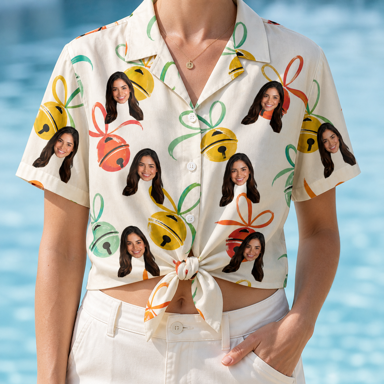 Woman wearing Women's Sleigh Bells Custom Face Hawaiian Shirt tied at the waist