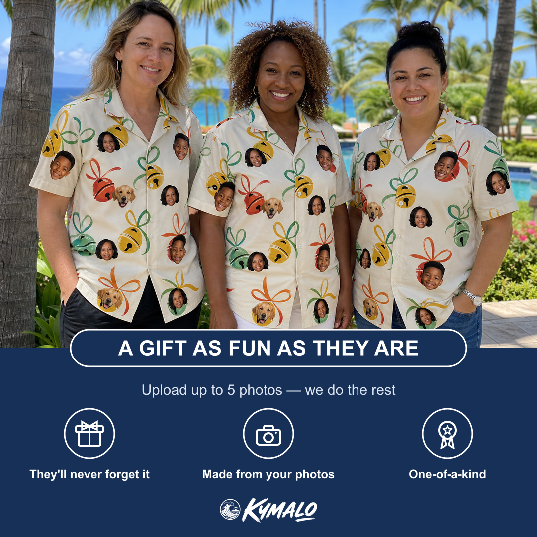 Friends in matching Women's Sleigh Bells Custom Face Hawaiian Shirt — a group gift photo