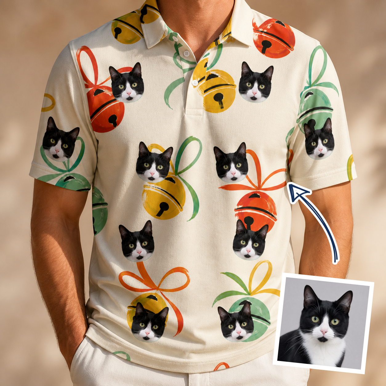 Man wearing Men's Sleigh Bells Custom Cat Face Polo Shirt — custom faces printed all-over
