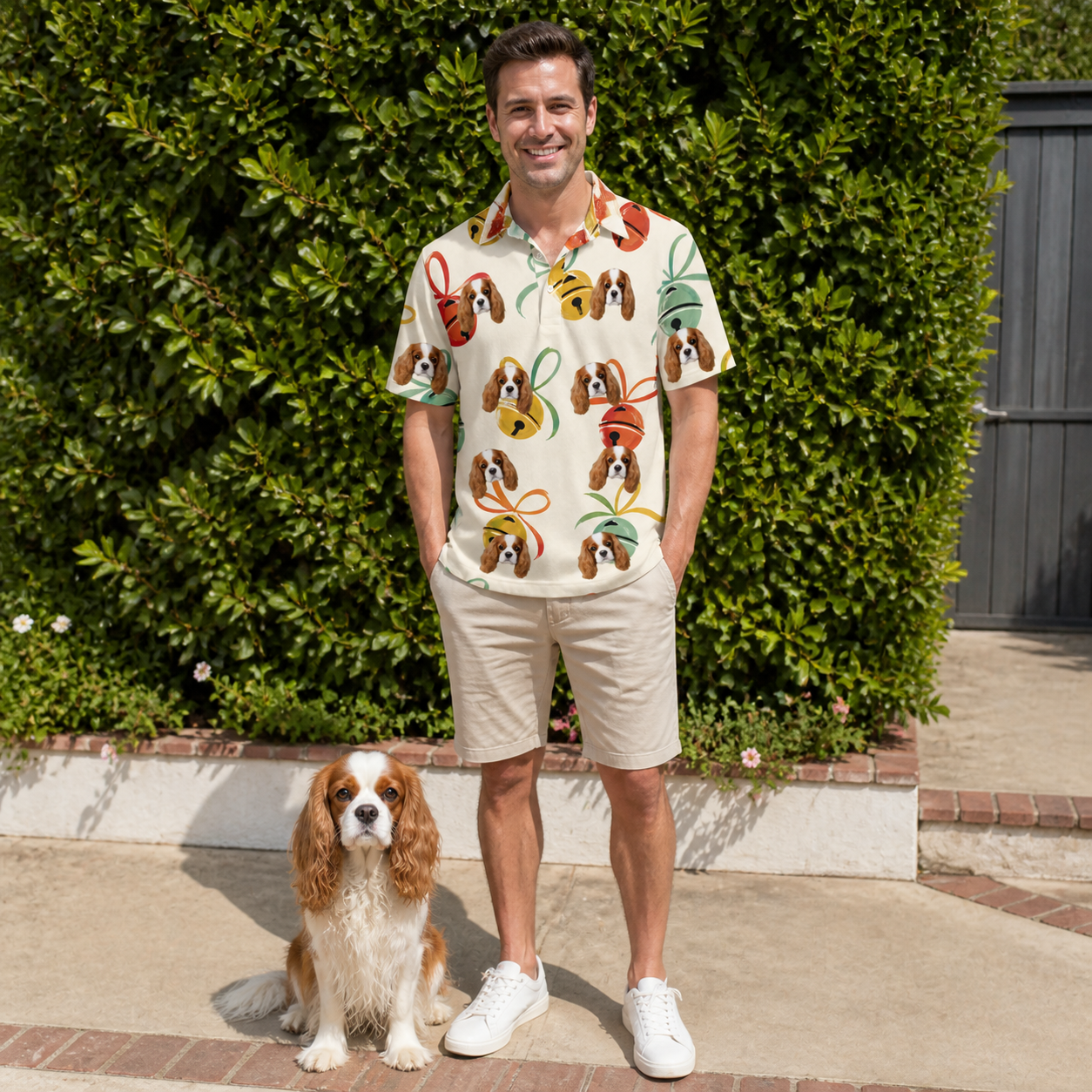 Full-length photo with the pet printed all over this Men's Sleigh Bells Custom Dog Face Polo Shirt
