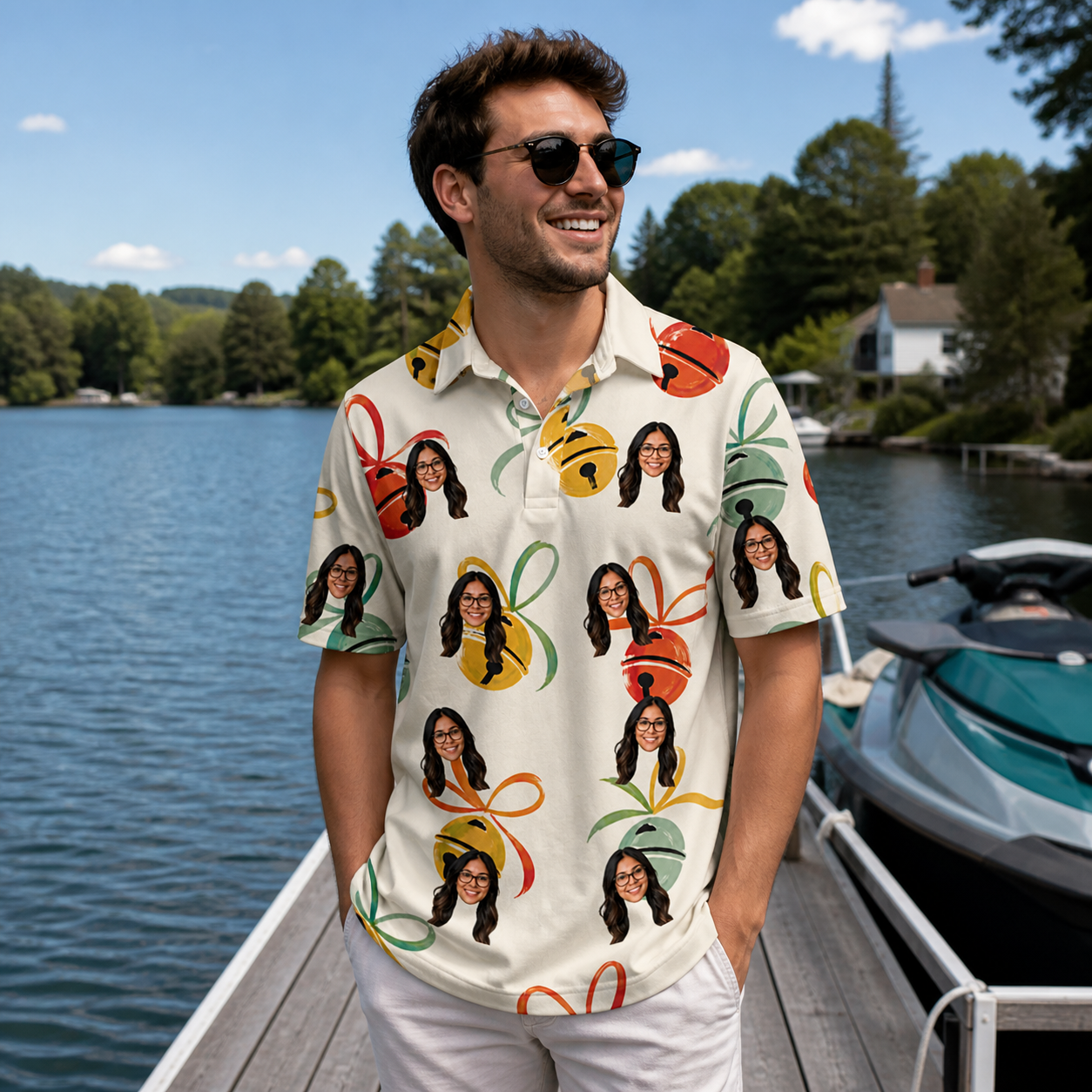 Real-life photo of someone wearing Men's Sleigh Bells Custom Face Polo Shirt — custom faces printed all-over