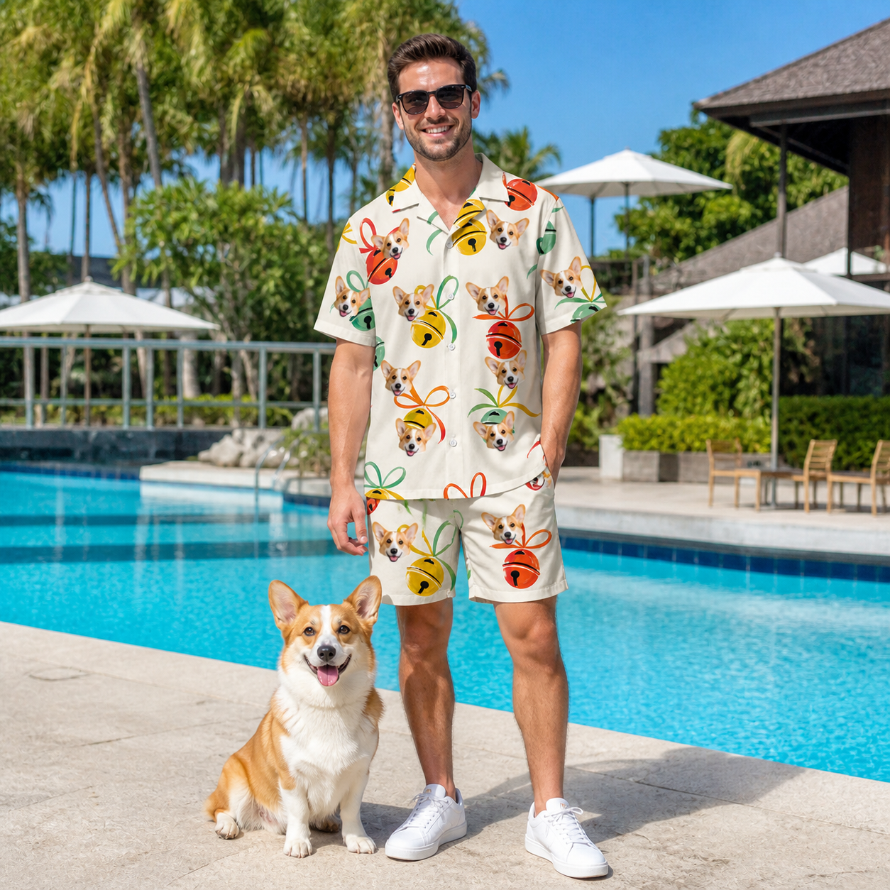 Full-length photo with the pet printed all over this Men's Sleigh Bells Custom Dog Face Shirt & Shorts Set