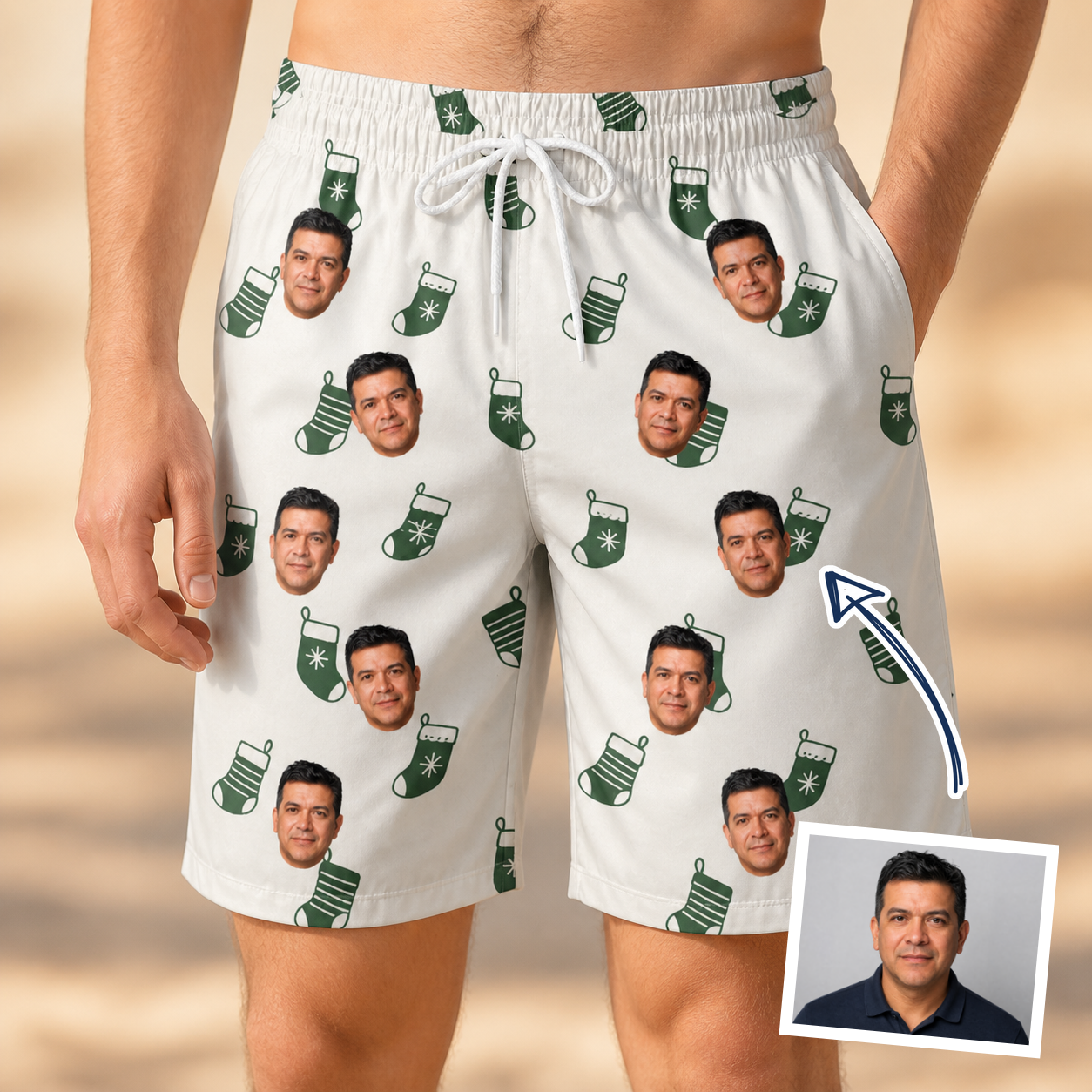 Man wearing Men's Gifts Afoot Custom Face Beach Shorts — custom faces printed all-over