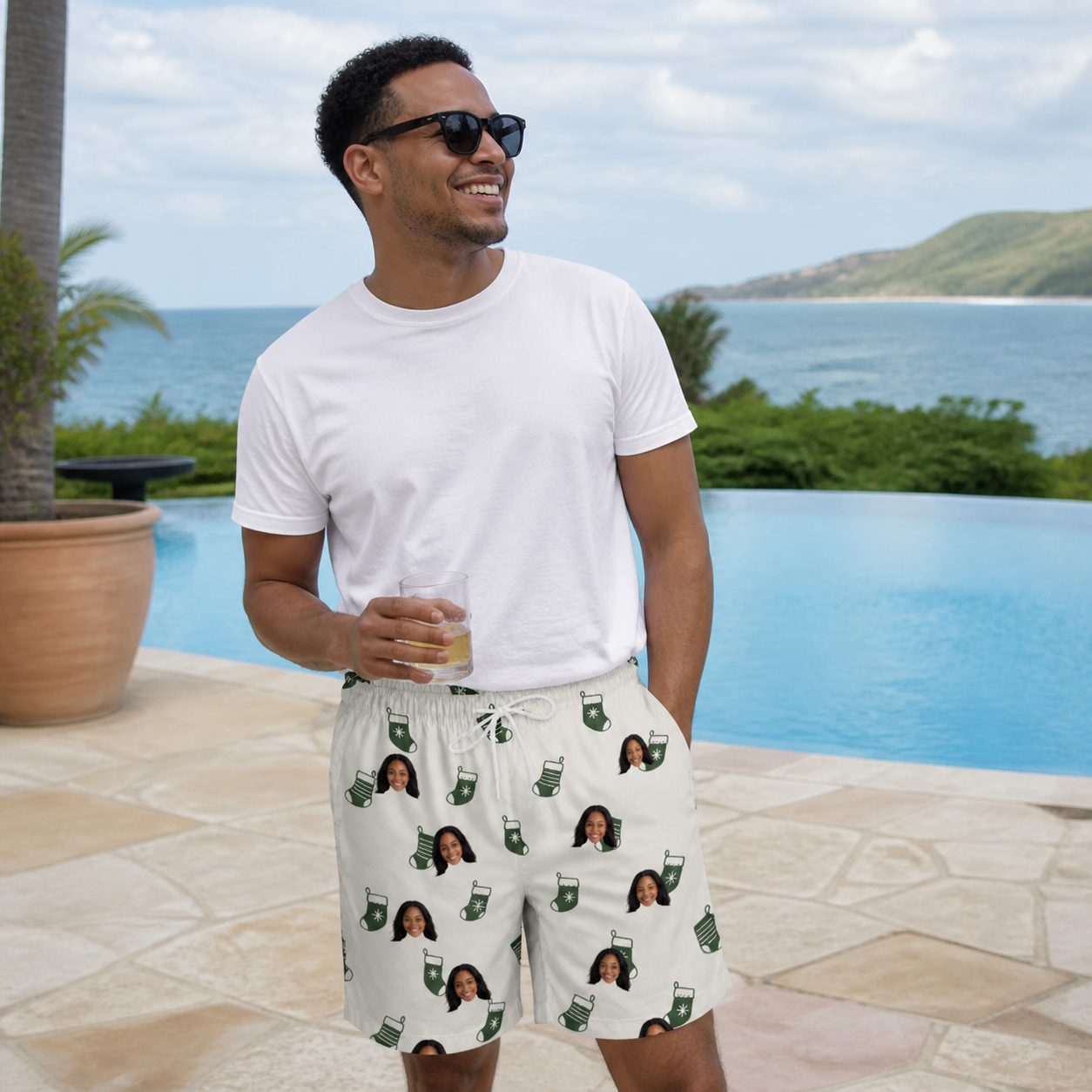 Real-life photo of someone wearing Men's Gifts Afoot Custom Face Beach Shorts — custom faces printed all-over