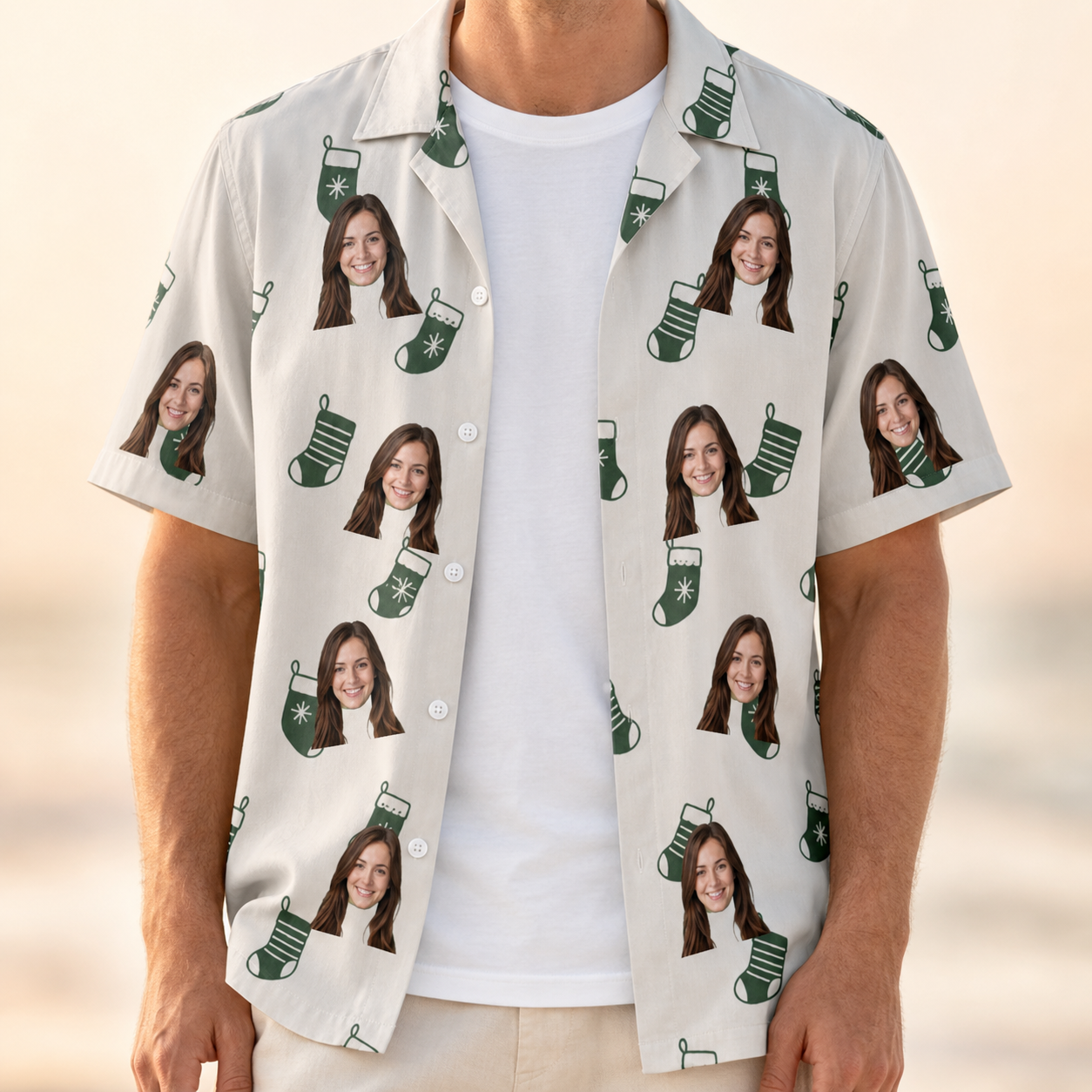 Man wearing Men's Gifts Afoot Custom Face Hawaiian Shirt open over a white tee