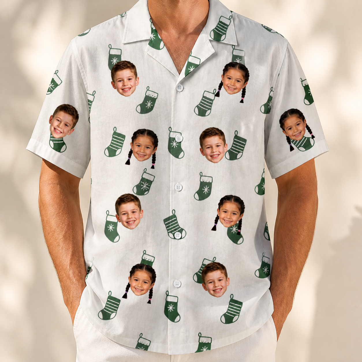 Model wearing Men's Gifts Afoot Custom Face Hawaiian Shirt printed with kids' faces