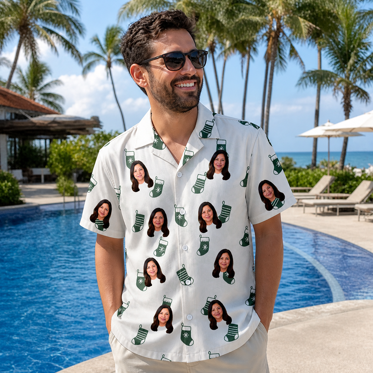 Real-life photo of someone wearing Men's Gifts Afoot Custom Face Hawaiian Shirt — custom faces printed all-over