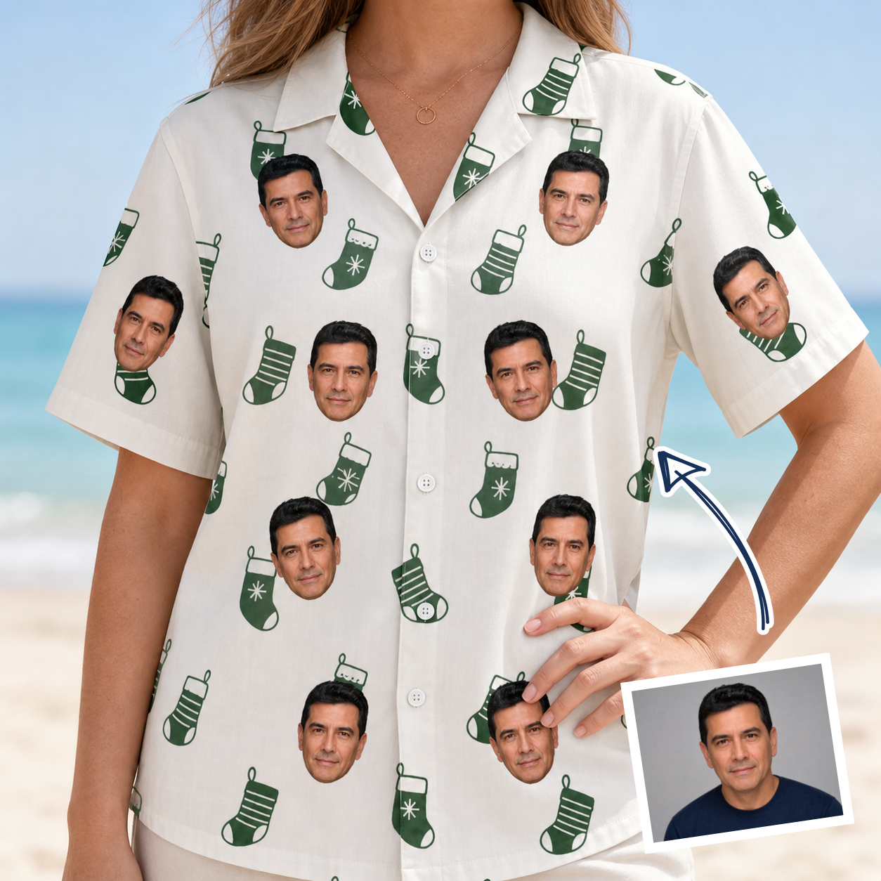 Woman wearing Women's Gifts Afoot Custom Face Hawaiian Shirt — custom faces printed all-over