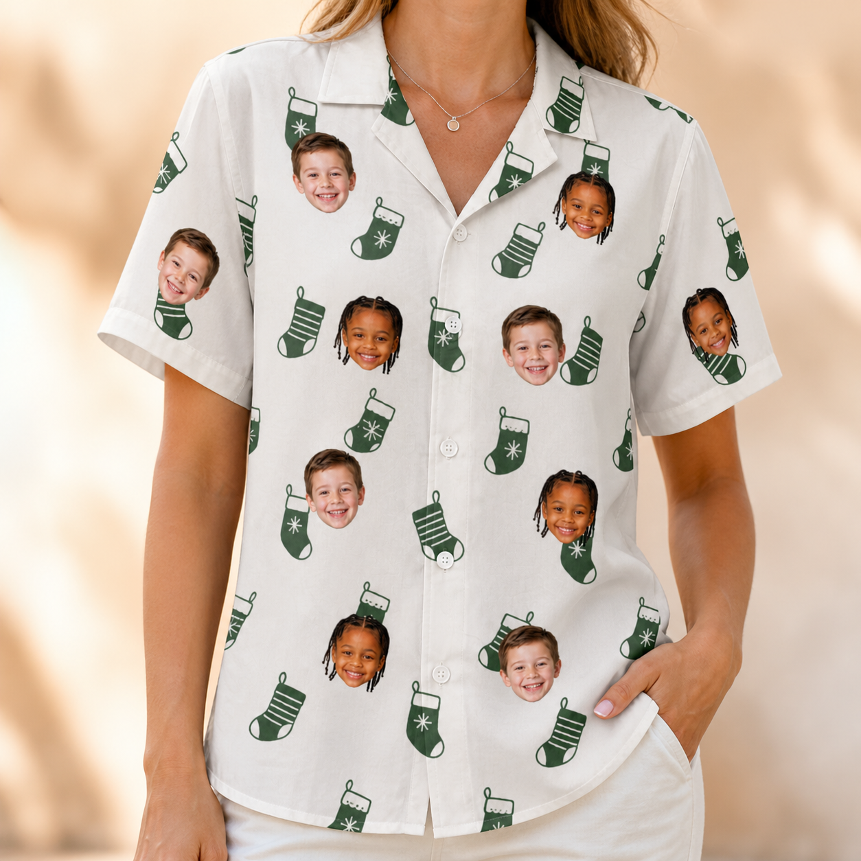 Model wearing Women's Gifts Afoot Custom Face Hawaiian Shirt printed with kids' faces