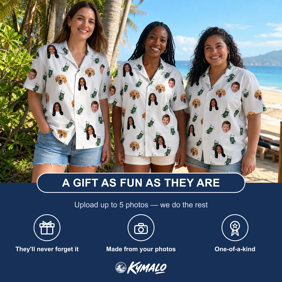 Friends in matching Women's Gifts Afoot Custom Face Hawaiian Shirt — a group gift photo