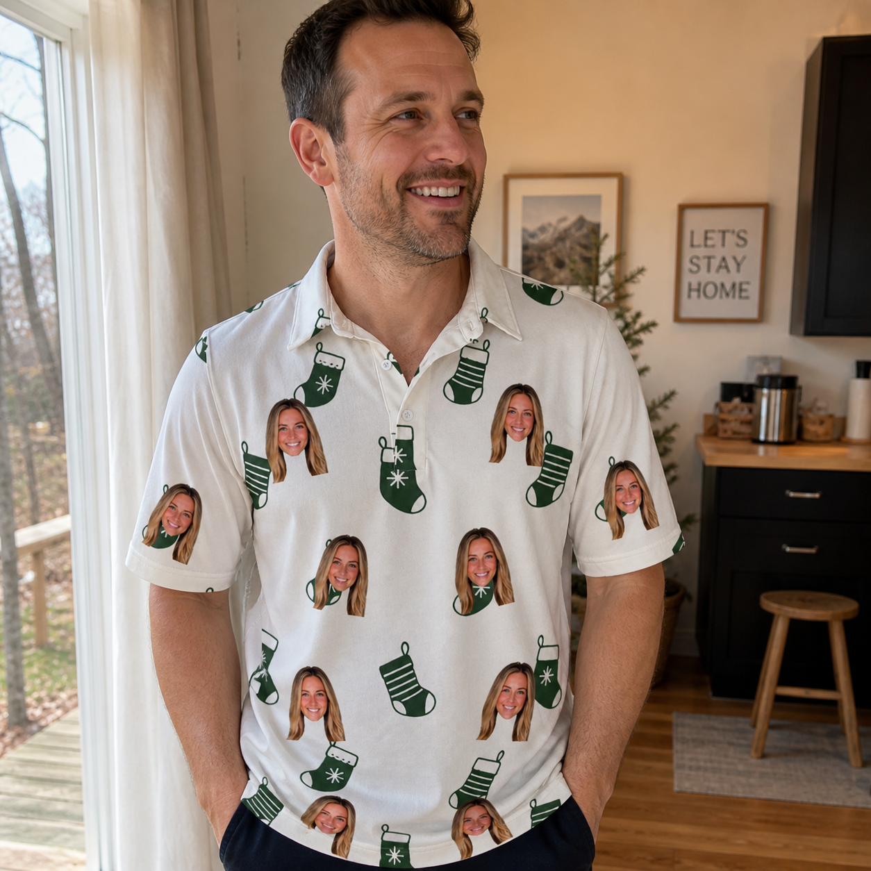 Real-life photo of someone wearing Men's Gifts Afoot Custom Face Polo Shirt — custom faces printed all-over