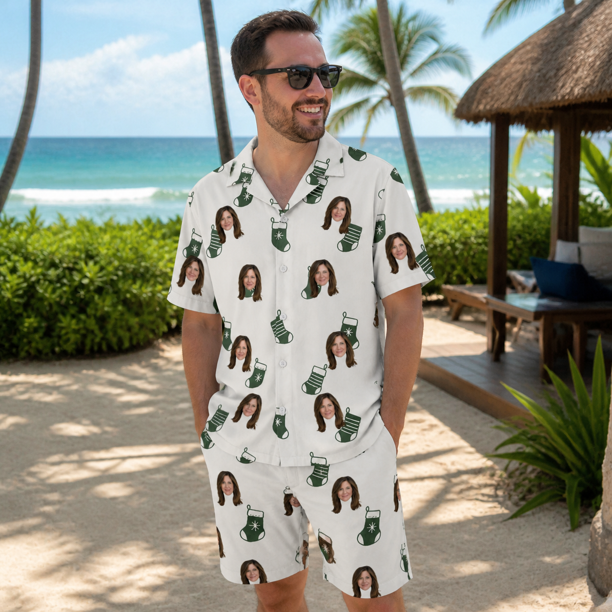 Real-life photo of someone wearing Men's Gifts Afoot Custom Face Shirt & Shorts Set — custom faces printed all-over