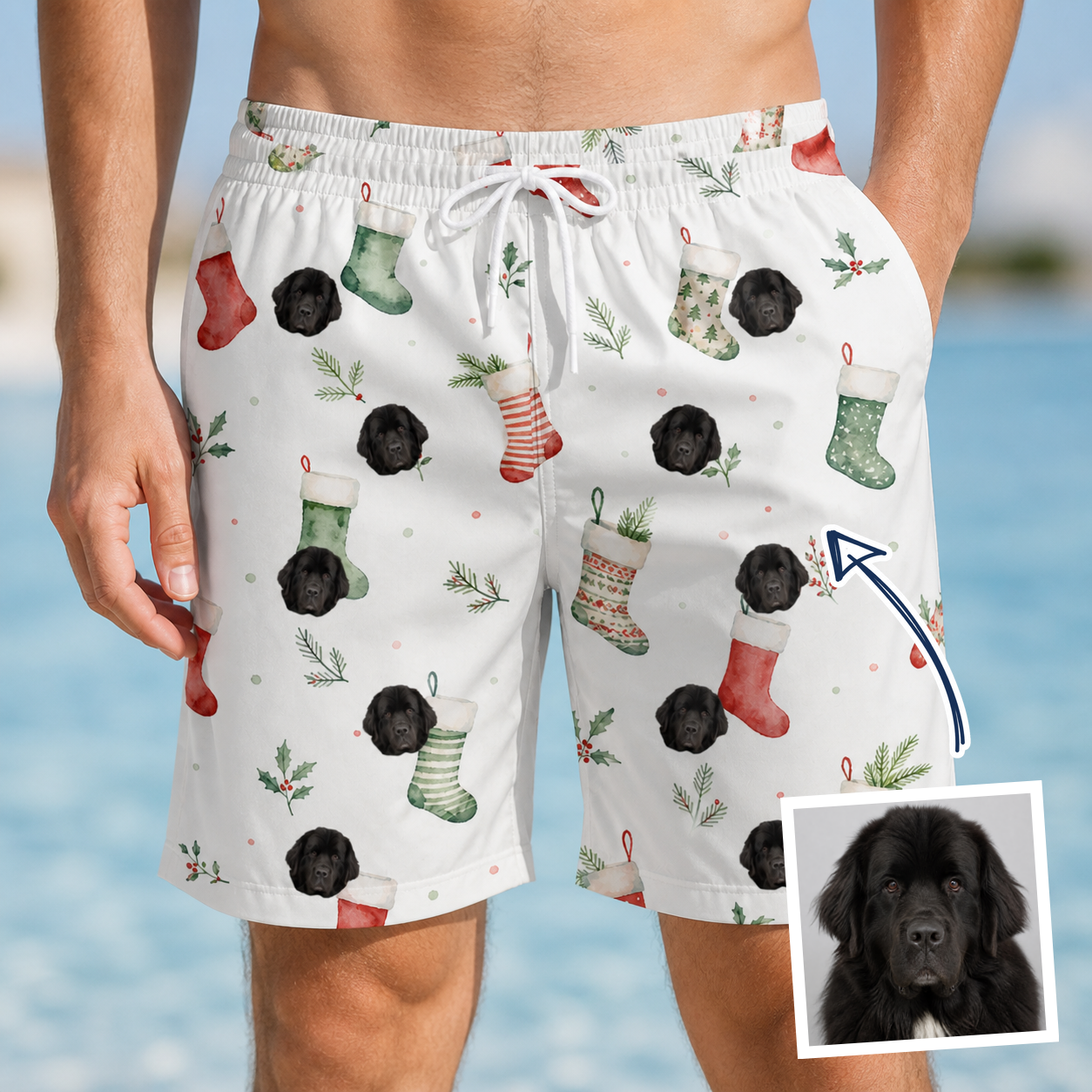 Man wearing Men's Hearth Hangers Custom Dog Face Beach Shorts — custom faces printed all-over