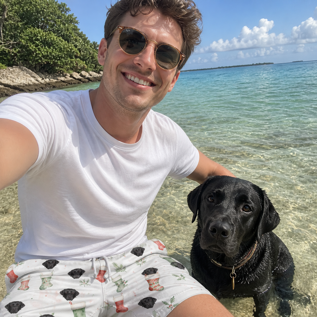 Selfie with the pet whose face is printed all over this Men's Hearth Hangers Custom Dog Face Beach Shorts
