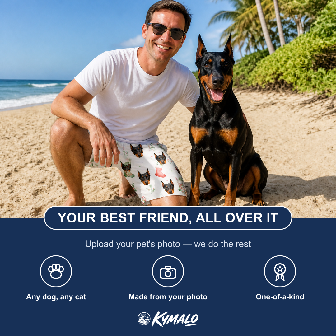 Friends in matching Men's Hearth Hangers Custom Dog Face Beach Shorts — a group gift photo
