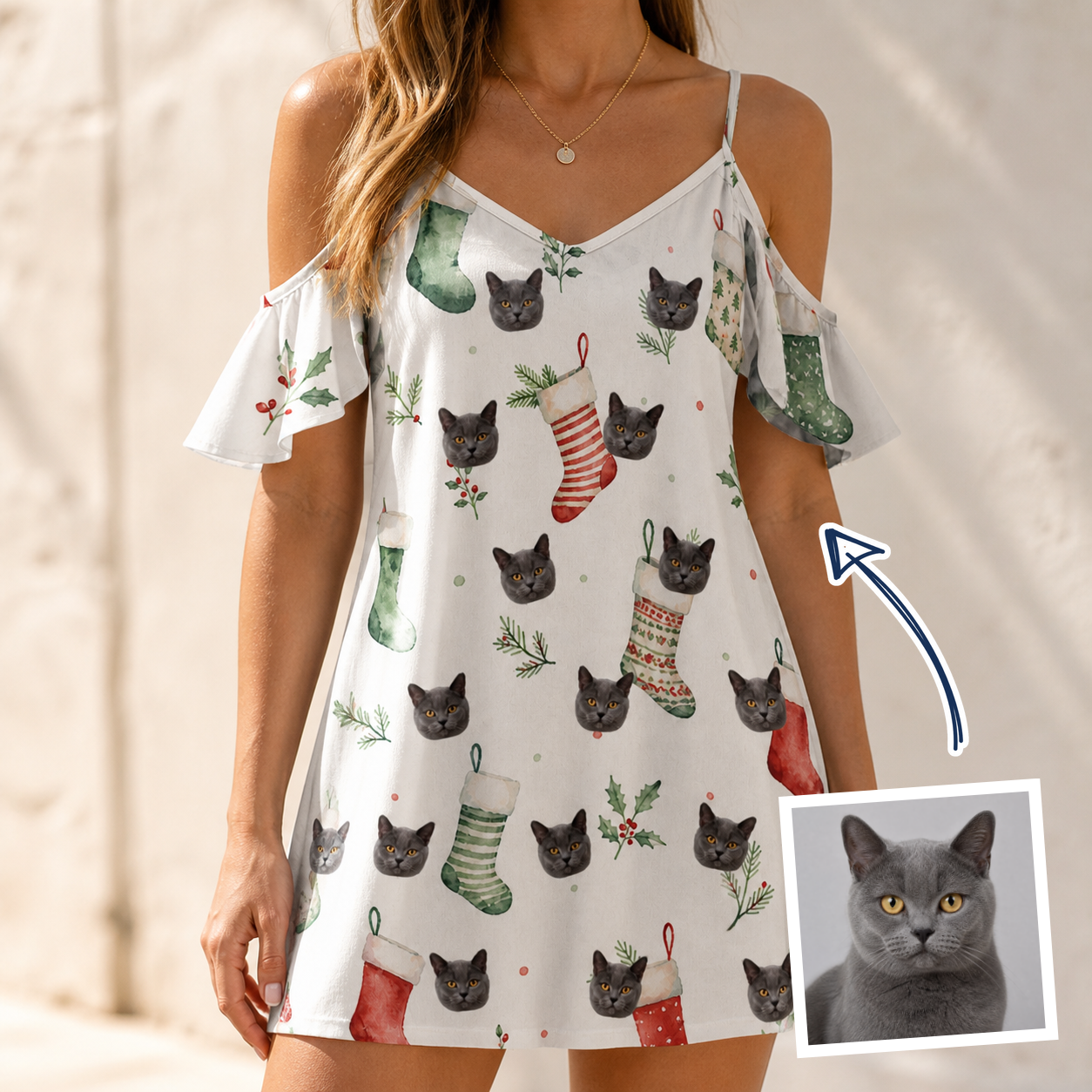 Woman wearing Women's Hearth Hangers Custom Cat Face Off-Shoulder Dress — custom faces printed all-over
