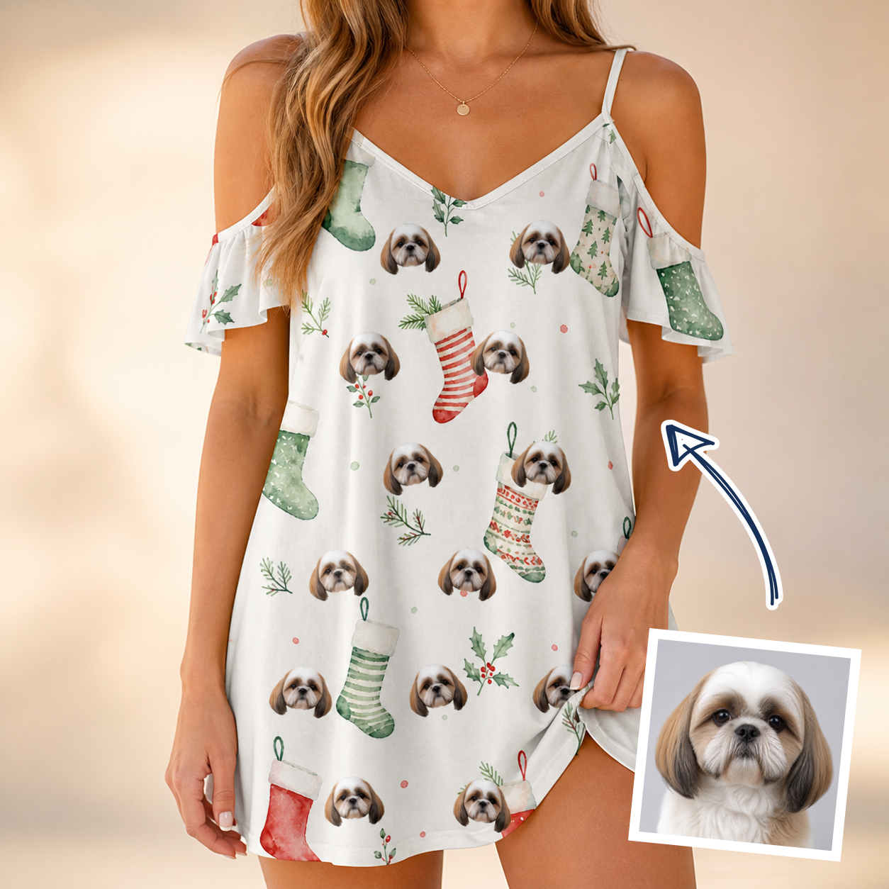 Woman wearing Women's Hearth Hangers Custom Dog Face Off-Shoulder Dress — custom faces printed all-over
