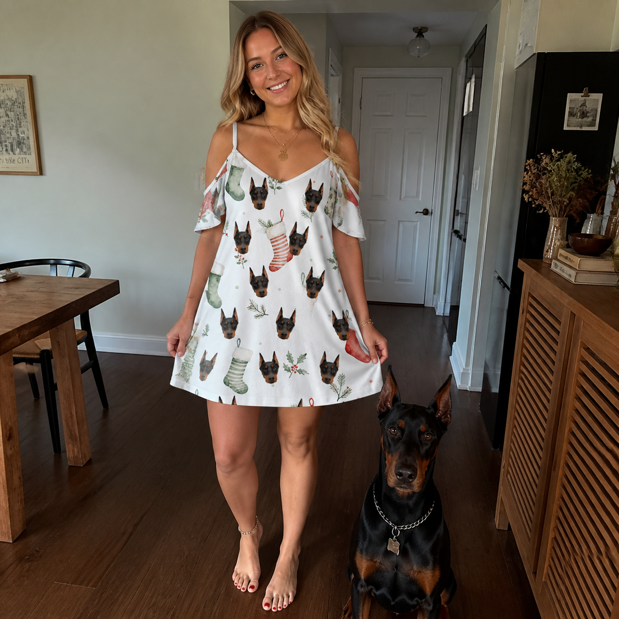 Full-length photo with the pet printed all over this Women's Hearth Hangers Custom Dog Face Off-Shoulder Dress