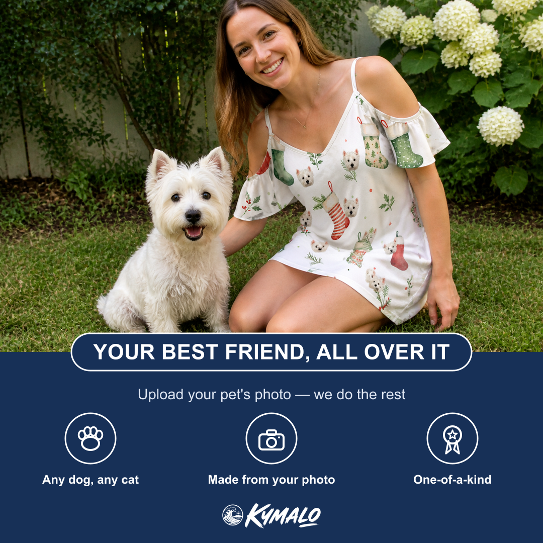 Friends in matching Women's Hearth Hangers Custom Dog Face Off-Shoulder Dress — a group gift photo