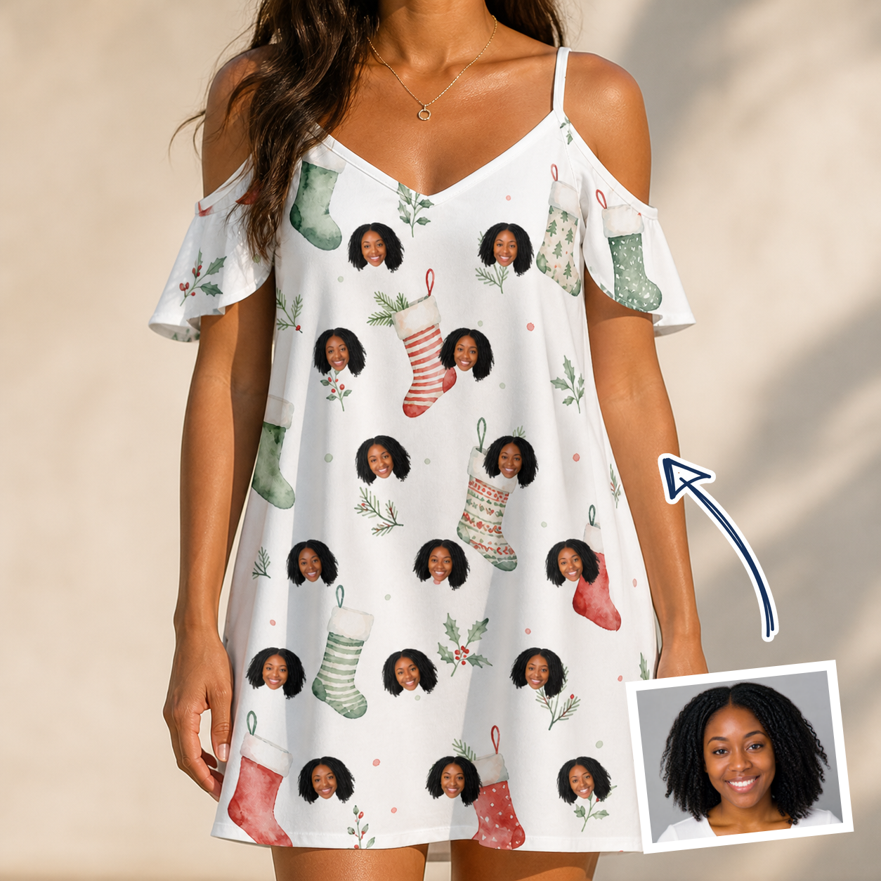Woman wearing Women's Hearth Hangers Custom Face Off-Shoulder Dress — custom faces printed all-over