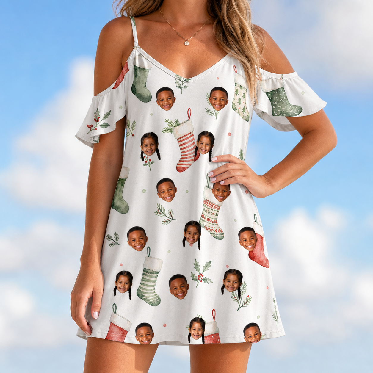 Model wearing Women's Hearth Hangers Custom Face Off-Shoulder Dress printed with kids' faces
