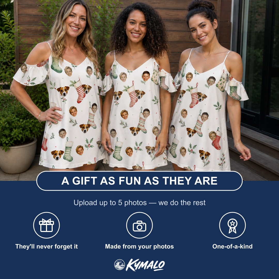 Friends in matching Women's Hearth Hangers Custom Face Off-Shoulder Dress — a group gift photo