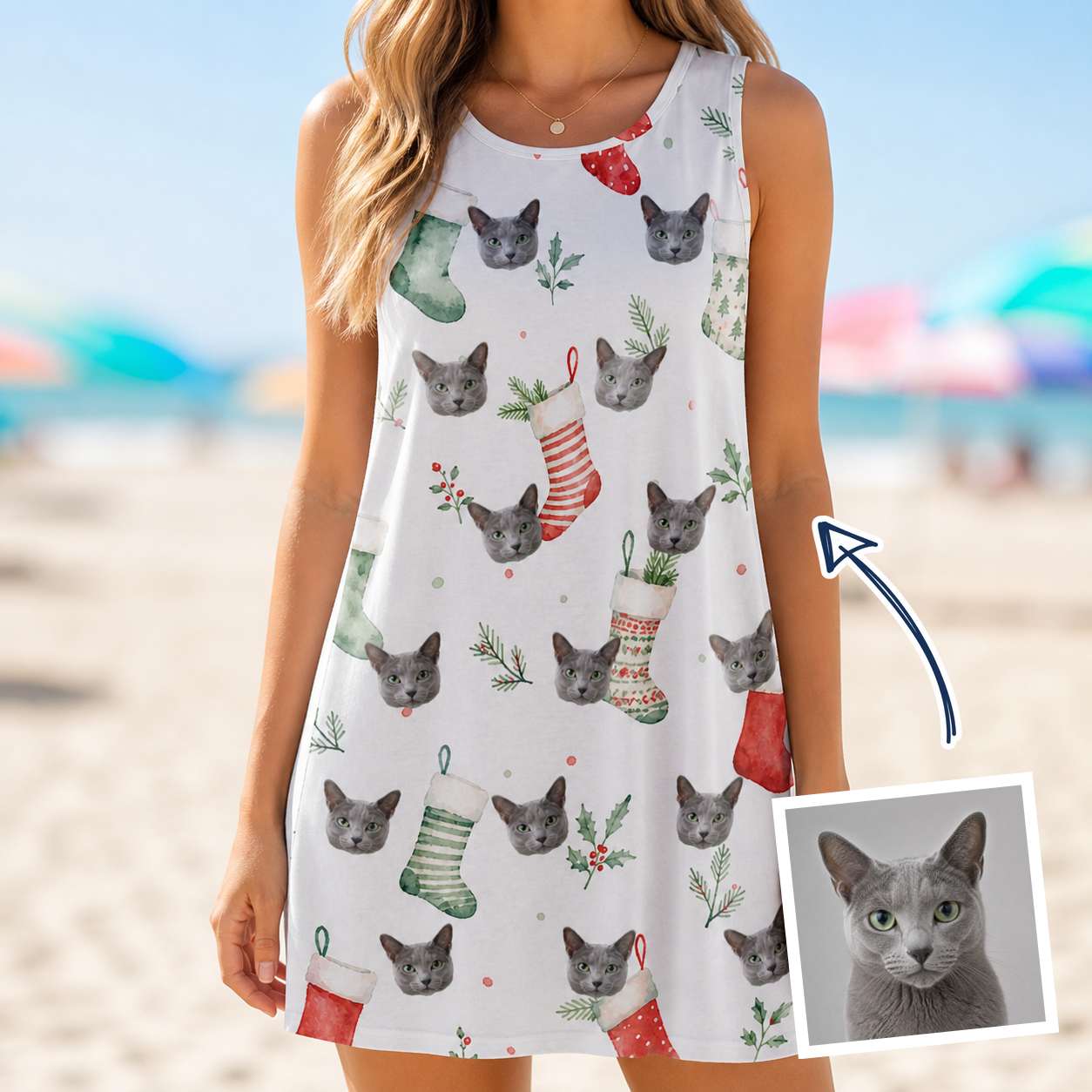 Woman wearing Women's Hearth Hangers Custom Cat Face Tank Dress — custom faces printed all-over