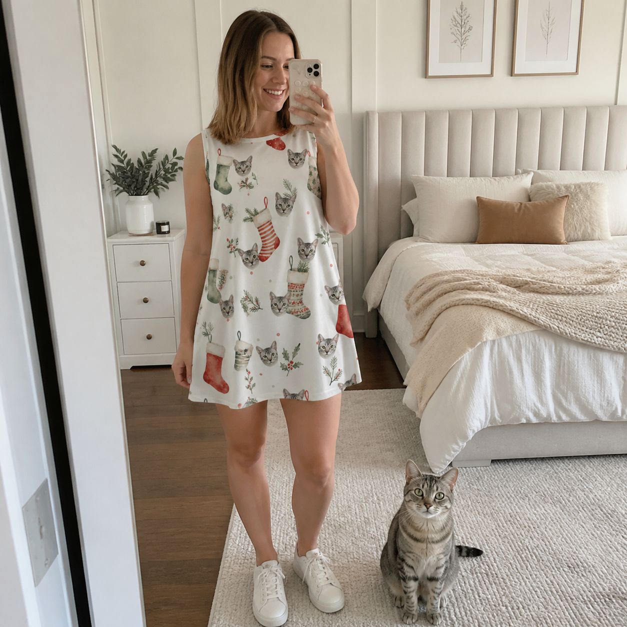 Full-length photo with the pet printed all over this Women's Hearth Hangers Custom Cat Face Tank Dress