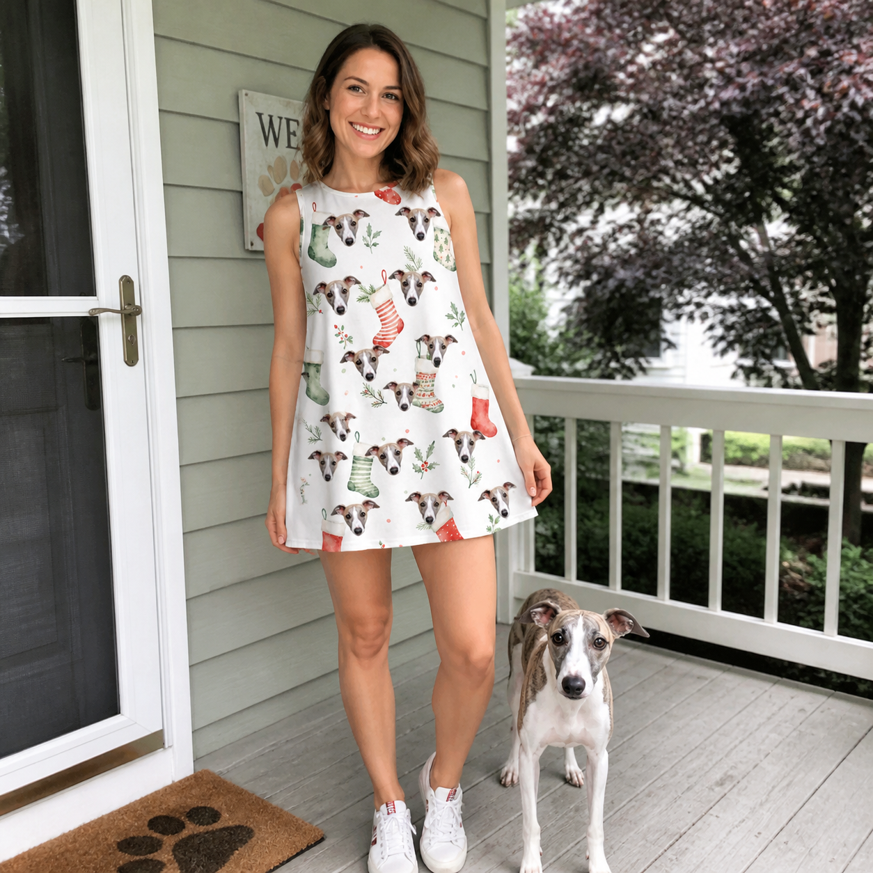 Full-length photo with the pet printed all over this Women's Hearth Hangers Custom Dog Face Tank Dress