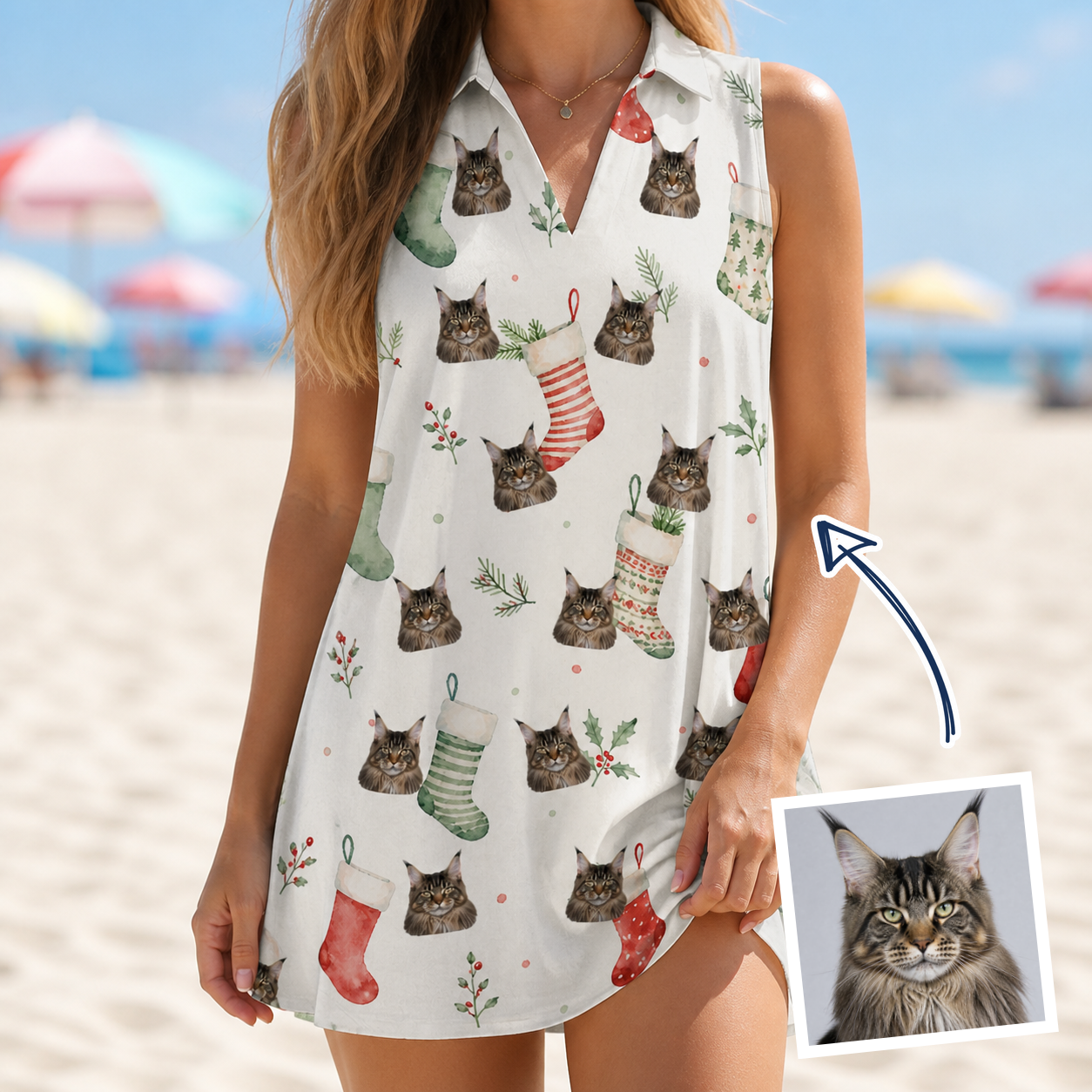 Woman wearing Women's Hearth Hangers Custom Cat Face V-Neck Dress — custom faces printed all-over