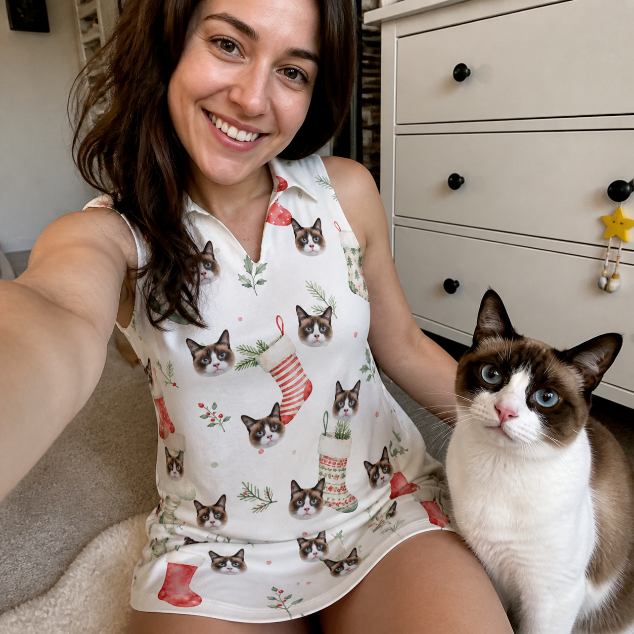 Selfie with the pet whose face is printed all over this Women's Hearth Hangers Custom Cat Face V-Neck Dress