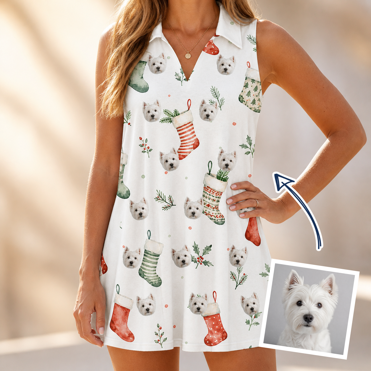 Woman wearing Women's Hearth Hangers Custom Dog Face V-Neck Dress — custom faces printed all-over