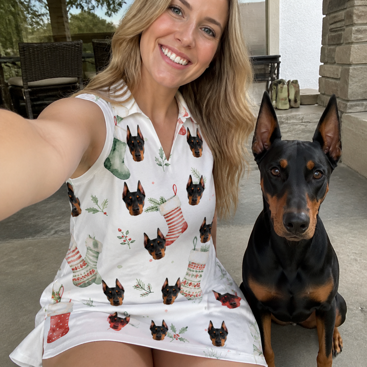 Selfie with the pet whose face is printed all over this Women's Hearth Hangers Custom Dog Face V-Neck Dress